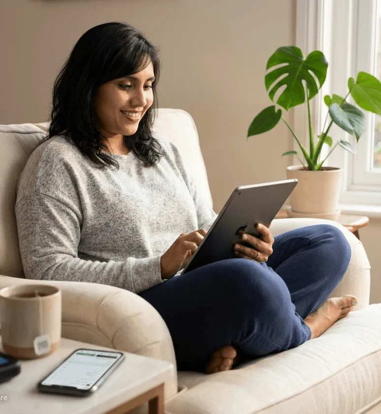 Ash Pesala relaxed in an armchair, reading on a tablet