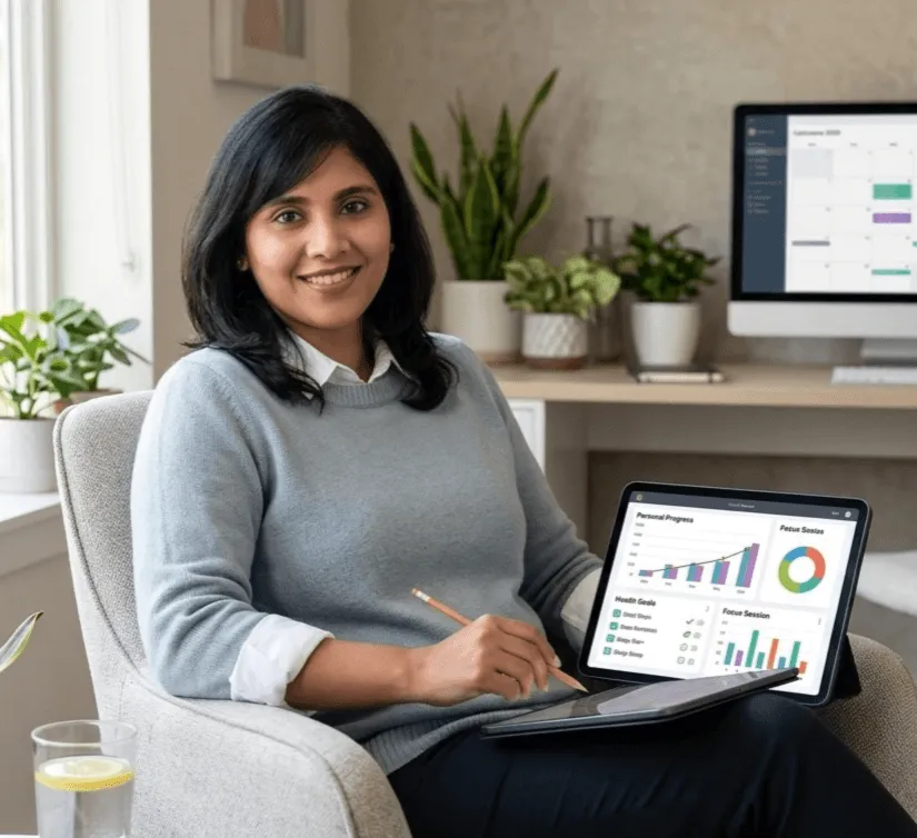 Ash Pesala working at her desk with a tablet and notes
