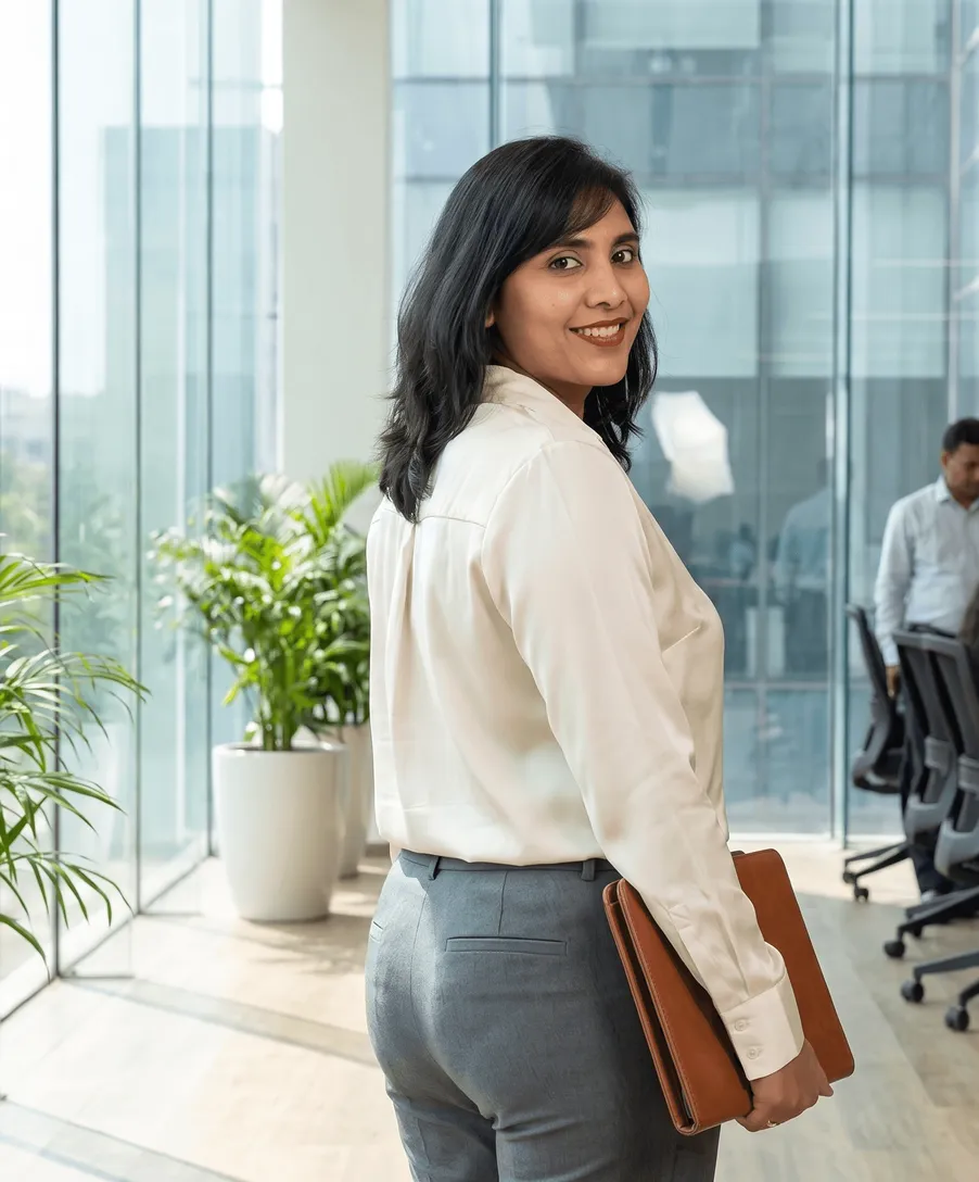 Ash Pesala walking through a modern office with a leather folder